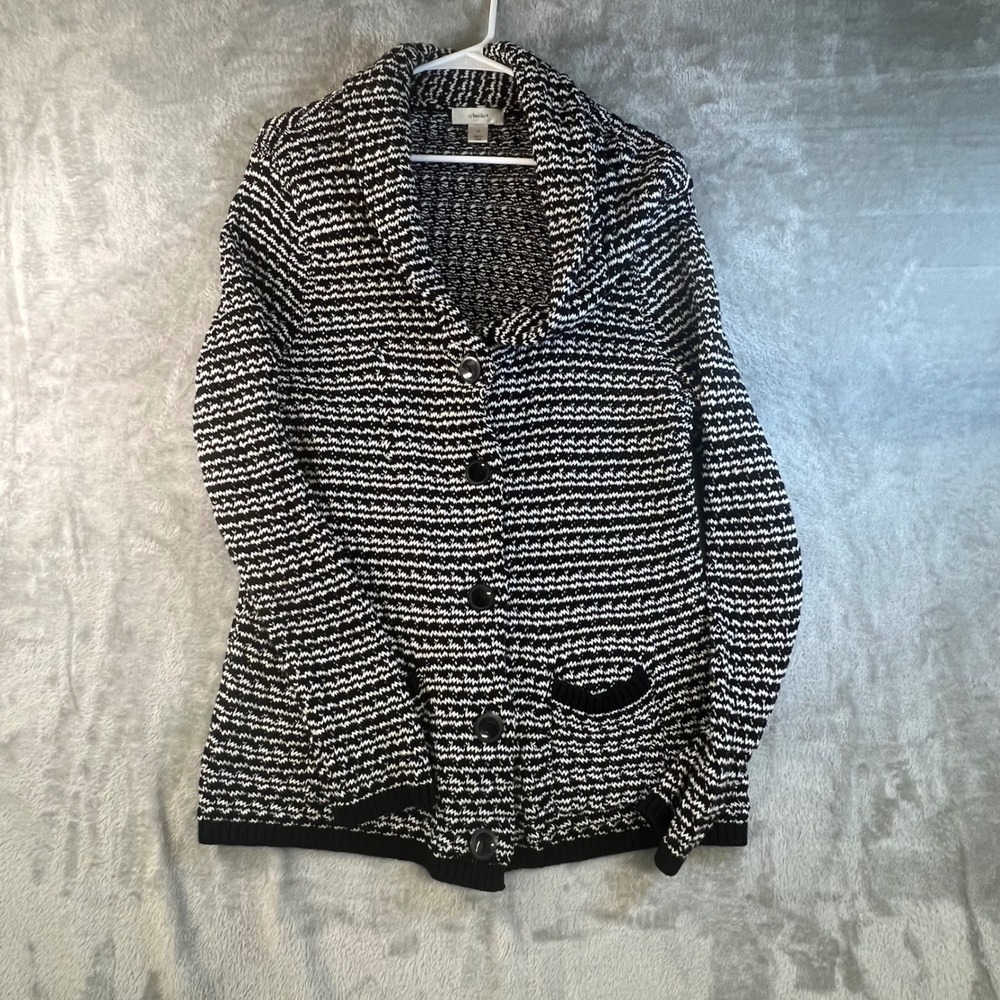 CJ Banks Black White Striped Knit Cardigan Sweater 1X Shawl‎ Collar Pockets